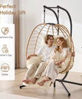 Two Person Egg Chair With Adjustable Footrest And Stand For Outdoor And Indoor Use Rattan Hammock Swing Loveseat With Cushions And Headrests