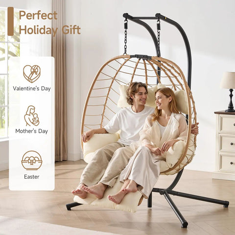 Two Person Egg Chair With Adjustable Footrest And Stand For Outdoor And Indoor Use Rattan Hammock Swing Loveseat With Cushions And Headrests