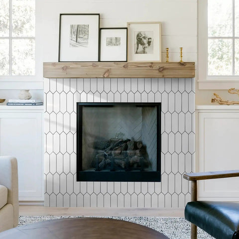 Ultra Easy Hexagon Peel And Stick Backsplash Tile 12.8 x 12.8 Inch White PVC on fireplace