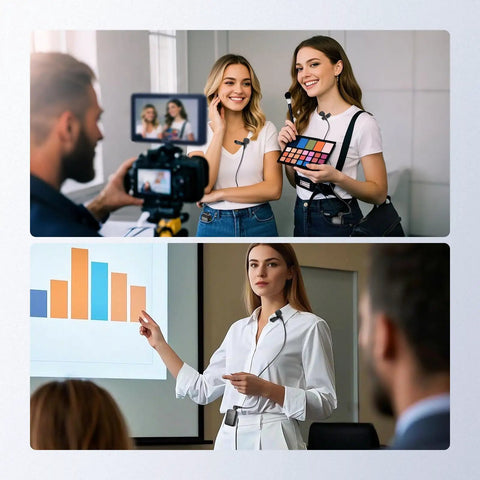 Two women using Two Pack Mini Lavalier Clip On Microphones, Wired Condenser Lapel Mics With 6.6ft Cable, 3.5mm TRS Plug in a recording setup