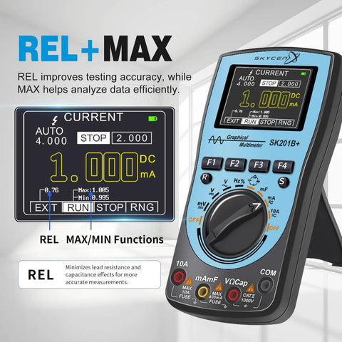 Close-up of Two In One Portable Oscilloscope And Multimeter With 1 MHz Bandwidth And 2.5 Msps Sampling, 4000 Count DMM, blue and black unit.