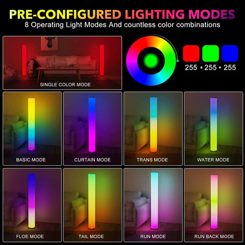 Image showcasing 8 lighting modes of 2 Pack Corner Floor Lamp With Remote And Smart App Control, vivid colors for living room or bedroom.