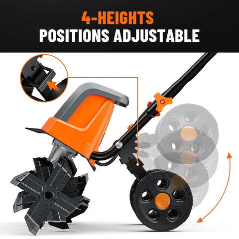 18 Inch Electric Garden Tiller With 9 Inch Tilling Depth, A Workhorse 15 Amp Corded Cultivator, 4-position adjustable wheels