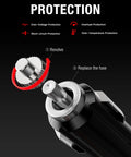 Heavy Duty 56W 14V DC Car Charger Adapter For NOCO Genius Boost Jump Starters showing fuse replacement feature with protection symbols.