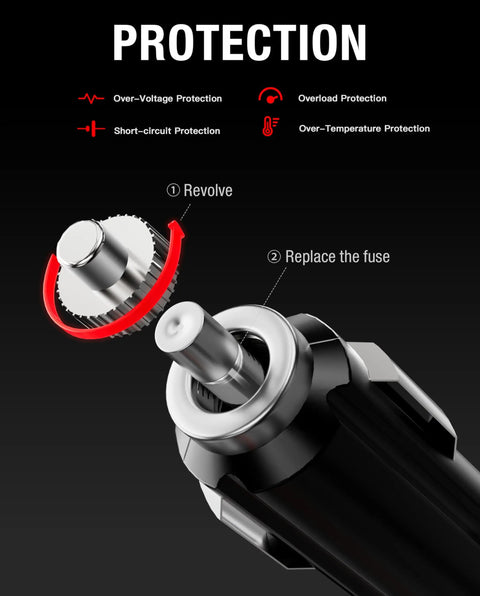 Heavy Duty 56W 14V DC Car Charger Adapter For NOCO Genius Boost Jump Starters showing fuse replacement feature with protection symbols.