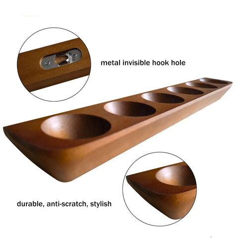 Side view of Wood Golf Ball Display Case For Six Balls With Wall Mount Or Tabletop Stand Perfect Home Office Golf Memorabilia Decor And Gift For Collectors Ideal For Display Cabinets And Shelves For Collectors And Golf Fans With Durable Wood And Classic Finish showing metal hook hole and slot detail
