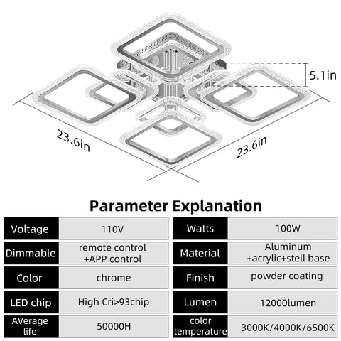 Diagram with dimensions of 100W LED Dimmable Ceiling Light With Remote And App Control 12000 Lumen Modern Ceiling Lamp features