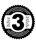 Image of a 3-year limited warranty badge with multilingual text in a circular layout.