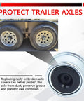 2.72 Inch Trailer Hub Dust Cap protects camper trailer axles from dust, showing two wheel hubs and a close-up of cap.
