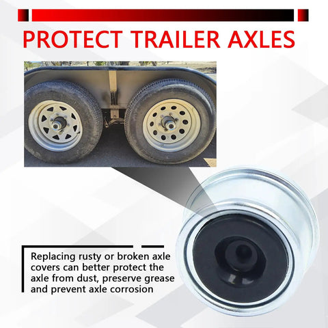 2.72 Inch Trailer Hub Dust Cap protects camper trailer axles from dust, showing two wheel hubs and a close-up of cap.
