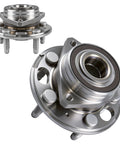 Wheel Hub And Bearing Assembly 513288 For Chevy Malibu Buick Regal Cadillac XTS Impala Buick LaCrosse Equinox GMC Terrain Saab 9 5 With ABS 5 Lug Front And Rear Replacement Upgrade For Your Ride shown in metal close-up
