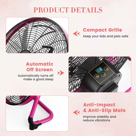 18 Inch Cordless Solar Powered Floor Fan With Dual Charging 40W Solar And AC Long Battery Life USB Output 360 Degree Tilt Quiet Wireless Cooling; close-up of control panel and protective grille features.