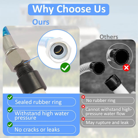 RV black tank cleaning wand with 304 stainless steel body, sealing rubber ring and flexible hose, front view.