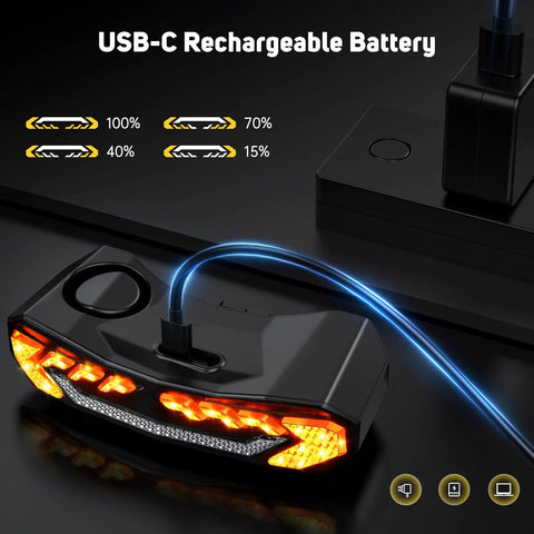 Smart Bike Turn Signals With Slick Rechargeable Front Light And Loud Horn, Waterproof Anti Theft Alarm charging via USB-C
