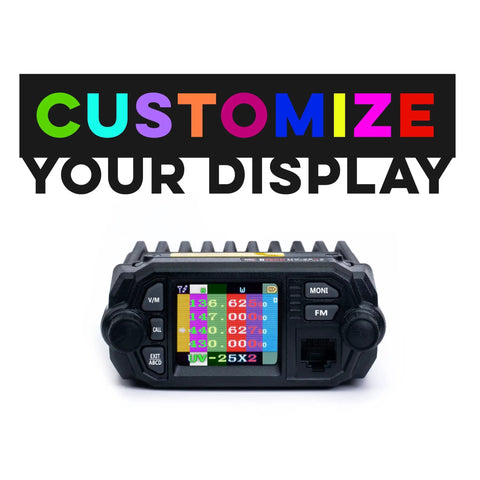 Front view of UV-25X2 Second Gen Mini 25 Watt Dual Band Base Station Radio with customizable display options shown.