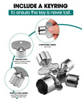 Badass Heavy Duty Four Piece Metal Faucet Aerator Removal Tool Set For Bathroom And Kitchen Sink Rust Resistant showing keyring for storage.