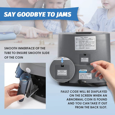 Back view of US Coin Counter Machine Auto Sorter and Wrapper Roller with operational details and children's hands sorting coins.