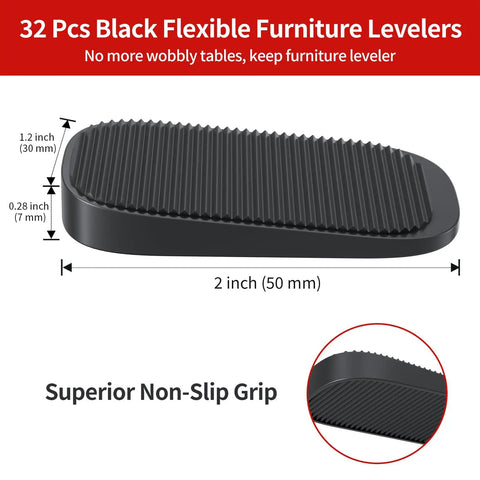 32 Piece Silicone Shims Furniture Levelers Set showing black non-slip leveling shim with dimensions for home improvement use.