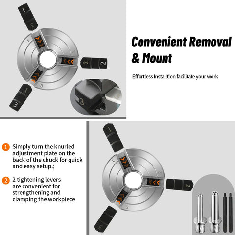 Premium Heavy Duty Three Inch Wood Lathe Chuck Featuring Reversible Jaws And Dual Arbors For One By Eight Tpi Spindles showing easy adjustment details.