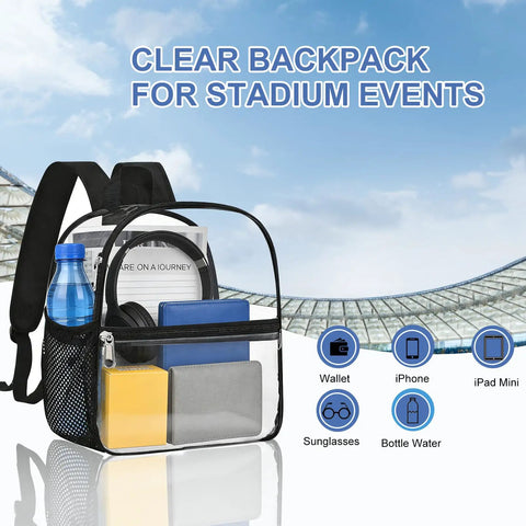 Clear Stadium Backpack 12x12x6 With Front Pocket For Concerts And Sports Games, see-through bag displayed in a stadium setting.