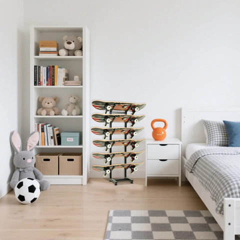 Heavy Duty 6 Layer Skateboard Floor Stand And Wall Mount Rack To Park Longboard Cruiser And Mini Deck Plus Snowboard Storage Rack in a room displaying stacked skateboards.