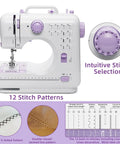 No Fuss Pocket Rocket Mini Sewing Machine With Foot Pedal And Night Light Boasts Twelve Built In Stitches For Diy Crafting And Quick Fixes, showing intuitive stitch selection.