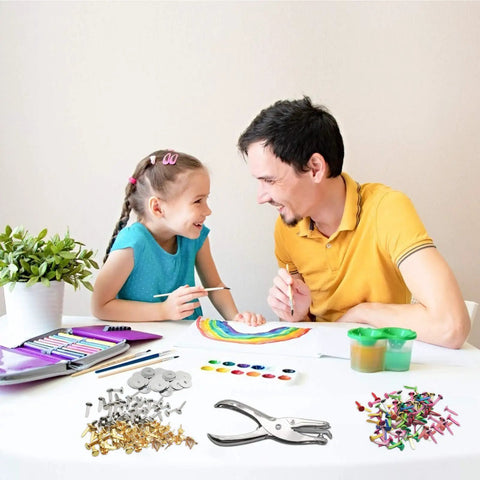 Father and daughter crafting at a table with 200 Piece Colorful Mini Paper Brads With Silver Washers And Hole Punch Pliers Set