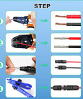 Image showing steps to use the Must Have All In One Solar Crimping Kit With 30 Pairs MC4 Connectors for assembling solar cables.