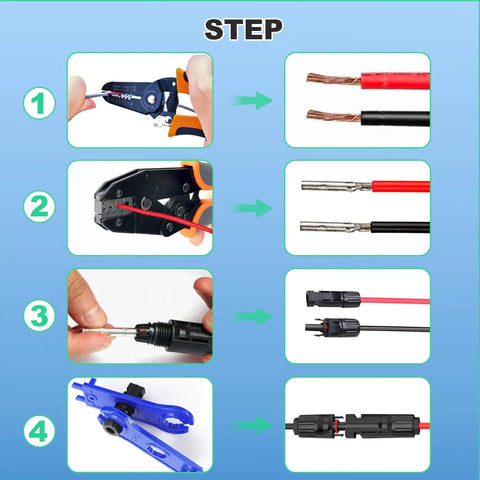 Image showing steps to use the Must Have All In One Solar Crimping Kit With 30 Pairs MC4 Connectors for assembling solar cables.
