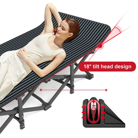 On The Go Camping Cot For Adults With Removable Cushion Lightweight Folding Bed that shows 18-degree tilt head design in use