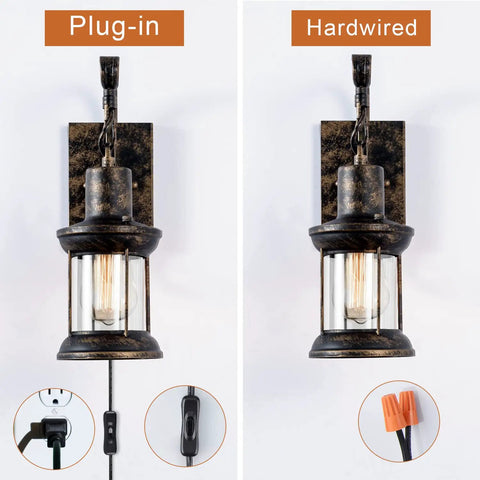 Rustic Lantern Wall Sconce Lights Plug In Oil Rubbed Bronze Antique Fixtures showing plug-in and hardwired options