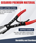 Close-up of Three Piece Ratchet Hose Pinch Off Pliers Set with red handles and black finish, showing durability features.