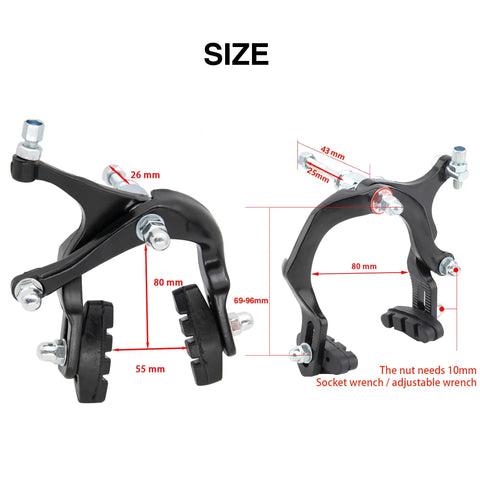Aluminum Bike Brakes Caliper Set Side Pull 69-96mm Reach dimensions and design with C shape, front and rear compatibility shown.