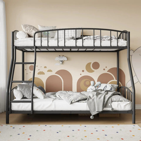 Rock Solid Twin Over Full Bunk Bed With Secure Ladder And Safety Railings For Kids And Adults in a cozy bedroom setup.