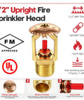 Heavy Duty Fire Sprinkler Head Two Pack Straight Up Reliable For House Or Store Upright Spray With Half Inch American Thread Easy Install And Legit UL Approval, 1/2" NPT Thread and brass frame.