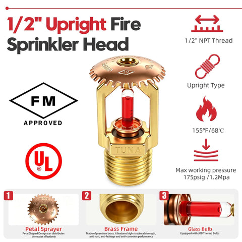 Heavy Duty Fire Sprinkler Head Two Pack Straight Up Reliable For House Or Store Upright Spray With Half Inch American Thread Easy Install And Legit UL Approval, 1/2" NPT Thread and brass frame.