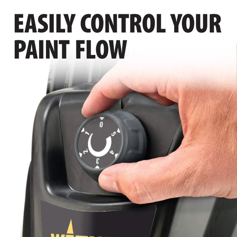 Hand adjusting the paint flow control on the Heavy Duty Mobile Airless Paint And Stain Sprayer Cart for precise application.