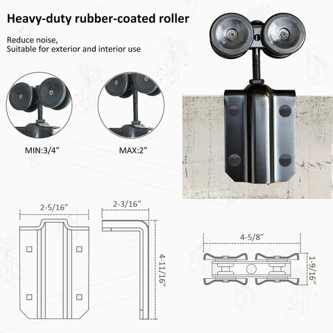 12Ft Black Sliding Barn Door Hardware Kit For Exterior Box Track Low Ceiling Compatible Outdoor Use Includes Three 4Ft Rails And Seven Ceiling Brackets Supports Up To 330lbs Door Not Included, image showing heavy-duty rubber-coated roller with dimensions.