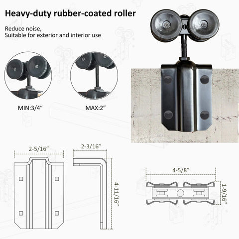 Heavy-duty rubber-coated roller for Black 8Ft Ceiling Mount Sliding Barn Door Hardware Kit supports up to 330 lbs, exterior use.