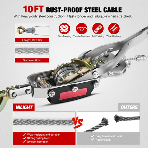 Heavy Duty Come Along Winch 5 Ton 10000 Lbs Hand Winch Tool With 10 Ft Rope Double Gear Three Hook Cable Puller close-up