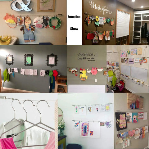 Collage showing Stainless Steel Wall Mount Curtain Wire Rod Set With 20 Clips used for art, notes, and clothes in various rooms.