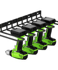 Power Tool Organizer Wall Mount With Adjustable Design For Garage Storage And Quick Access, holding four green drills.