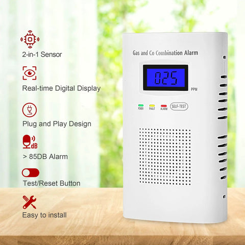 Two Pack Plug In Gas And Carbon Monoxide Detector Set with Digital Display and 85dB Alarm placed on table