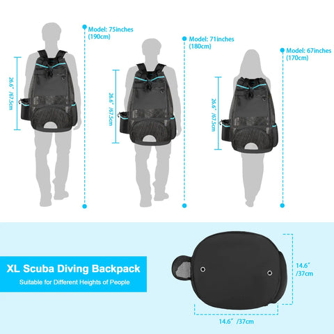 Diagram showing XL Scuba Dive Backpack With Wet Dry Separation And Large Mesh Gear Bag for different heights.