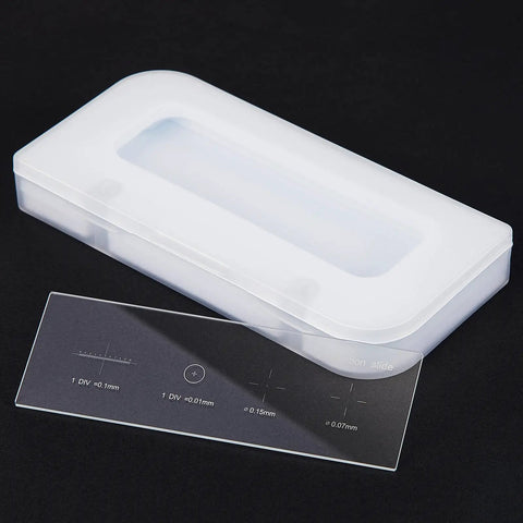 Pro Grade 0.01mm Microscope Calibration Slide Ruler With Stage Micrometer Glass Reticle Ruler Dual Scale shown with protective case.