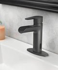 Touchless 4-Inch Centerset Matte Black Bathroom Faucet With Motion Sensor, installed on a hex tile backsplash, side view