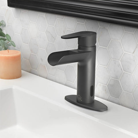 Touchless 4-Inch Centerset Matte Black Bathroom Faucet With Motion Sensor, installed on a hex tile backsplash, side view