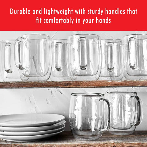 Four Piece Double Wall Insulated Glass Coffee Mug Set Keeps Hot Brews Steaming And Icy Drinks Frosty With Zero Sweat Marks Premium Borosilicate Glass Is Dishwasher Safe For Your Daily Grind Routine on a shelf with white plates.
