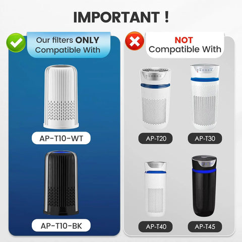 Image showing Replacement HEPA Filter compatibility with AP-T10 BK and AP-T10 WT, not compatible with AP-T20, AP-T30, AP-T40, AP-T45.