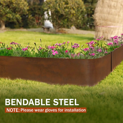 Pre Rusted Cor Ten Steel Landscape Edging Kit with flower-filled lawn border, bendable steel emphasized
